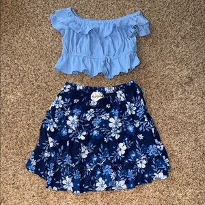 rare editions two-piece blue ruffled crop top and a floral tiered skirt size 7